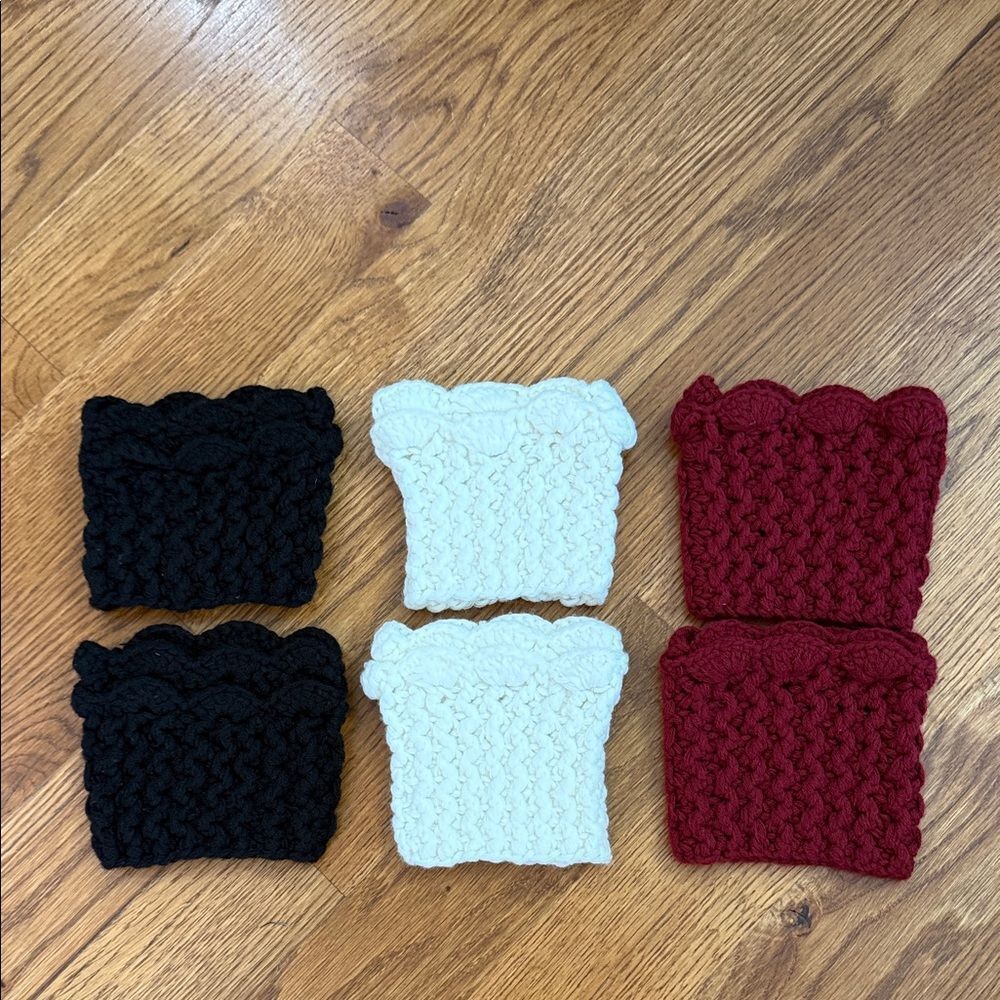 Handmade Crochet Boot Cuffs – Set of 3 Pairs, Scallop Edge, Black Ivory Burgundy
